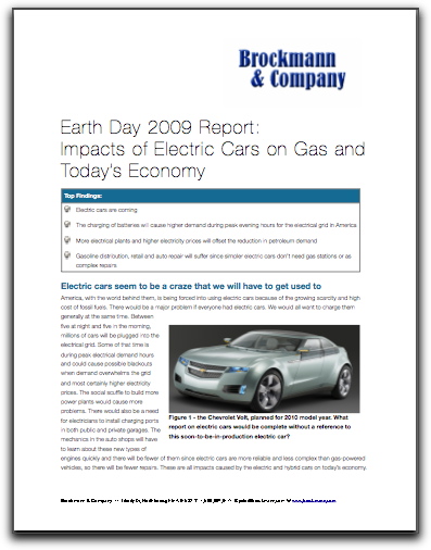 Earth Day 2009 Report: Impacts of Electric Cars on Gas and Today’s Economy